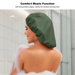 Selalu 2-pack shower cap worn on head demonstrating secure fit and style