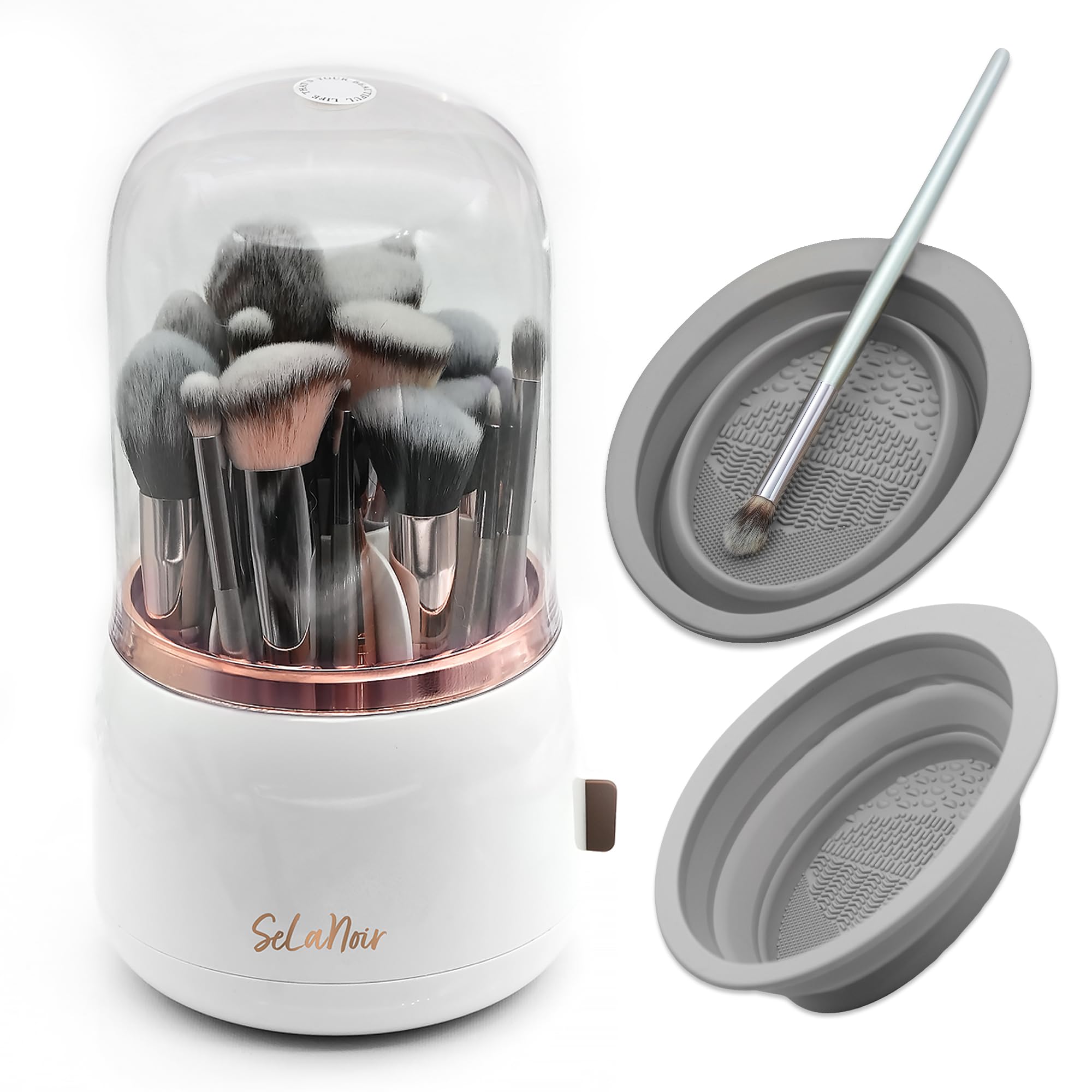 Selanoir rotating makeup brush holder with lid on vanity, keeping brushes dust-free and accessible