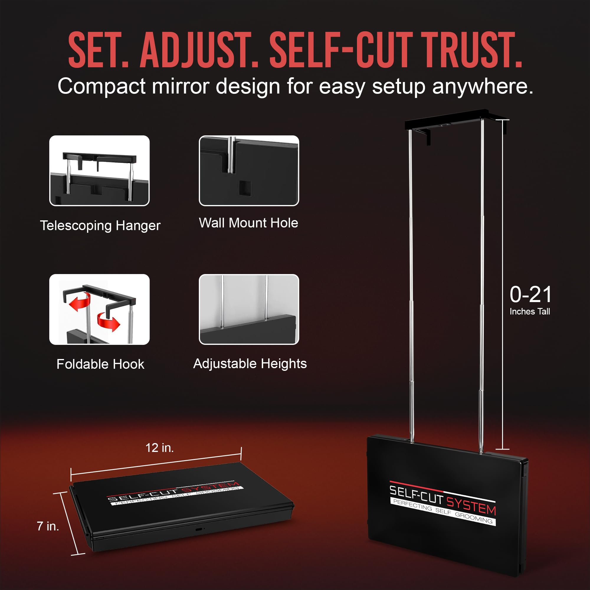 Self-Cut System 3-Way Mirror back view offers full head visibility for even fades