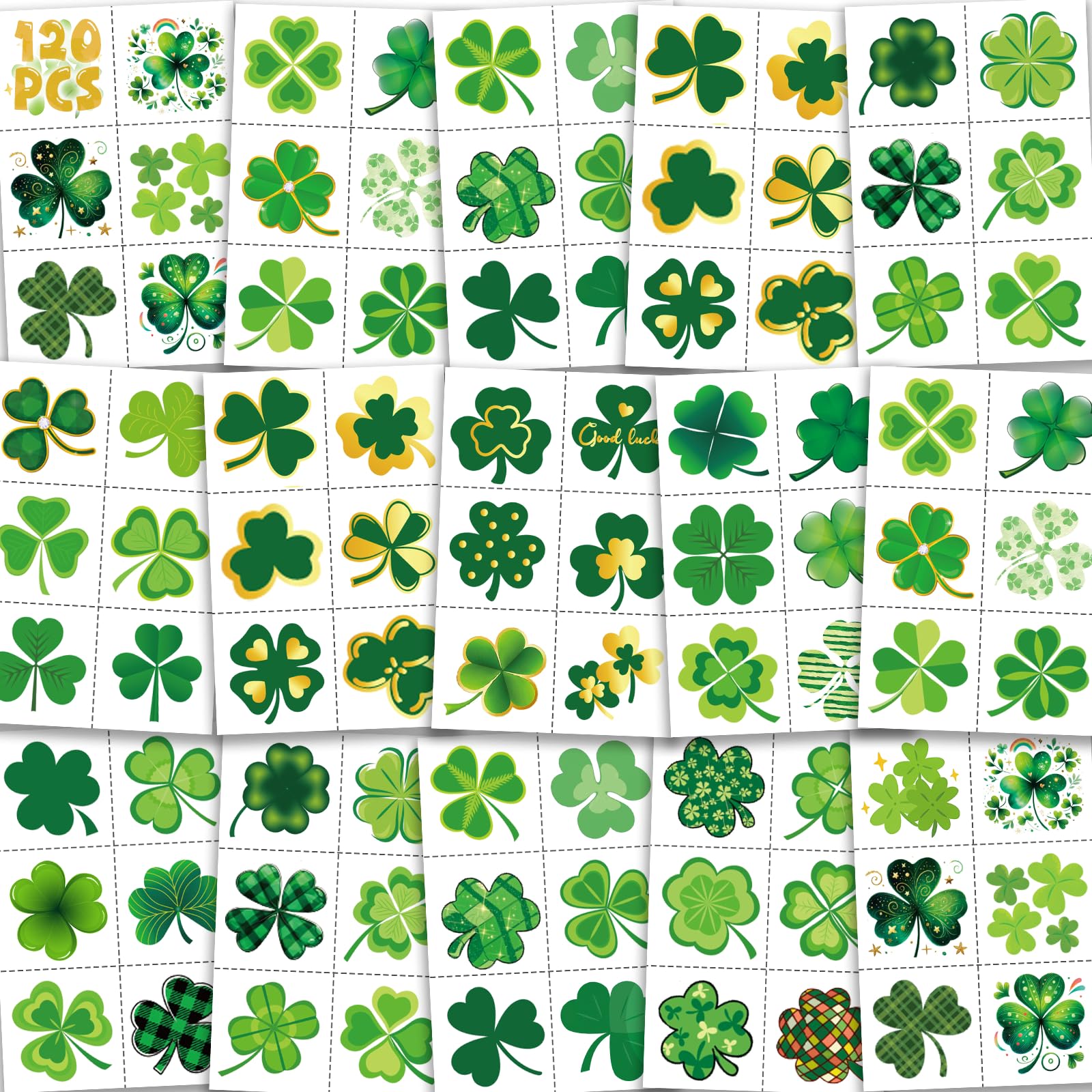 Sellentduct Shamrock tattoos bulk pack shot showing party-ready designs