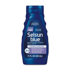 Selsun Blue 11oz bottle showing maximum strength antidandruff formula.