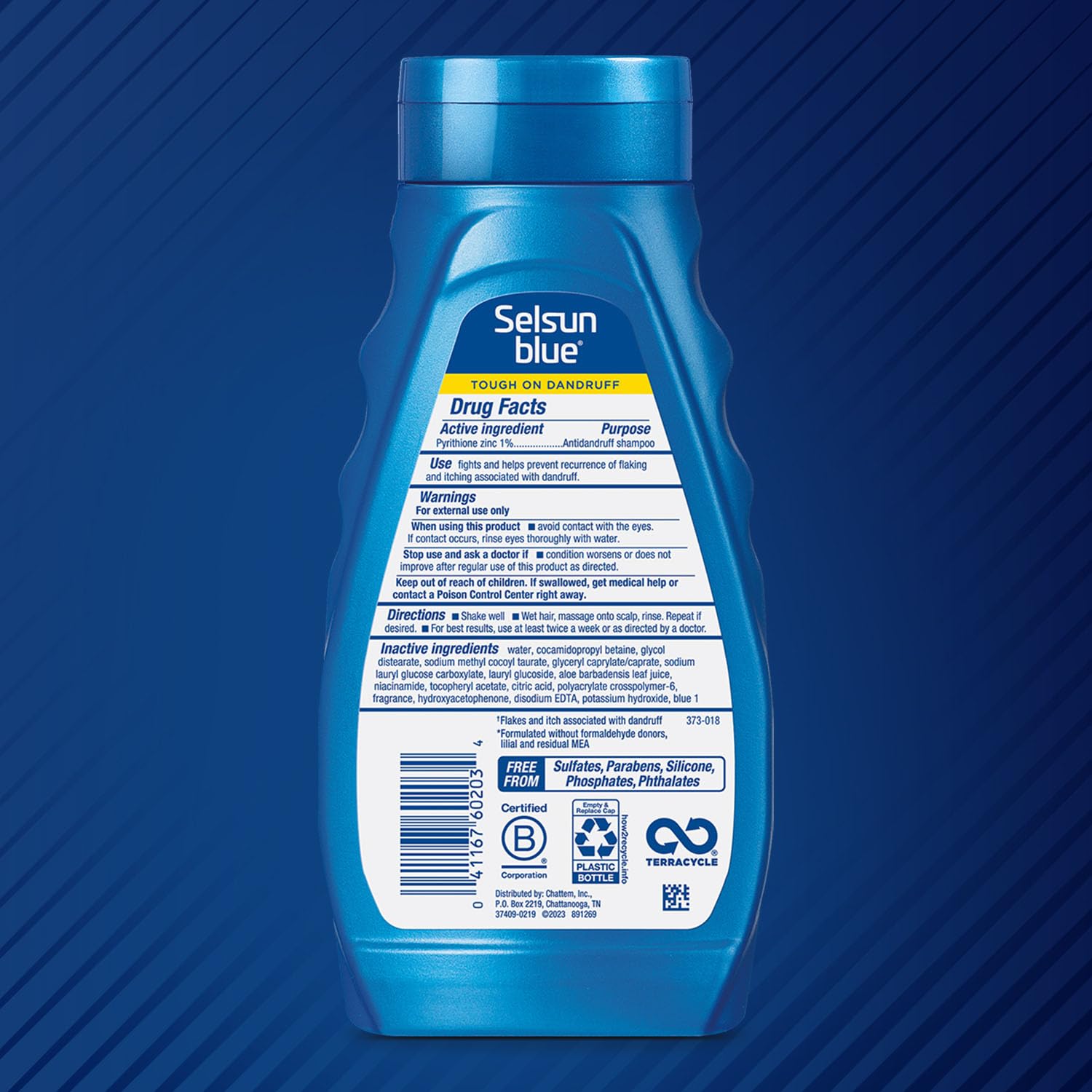 Selsun Blue label with pyrithione zinc 1% highlights powerful dandruff control