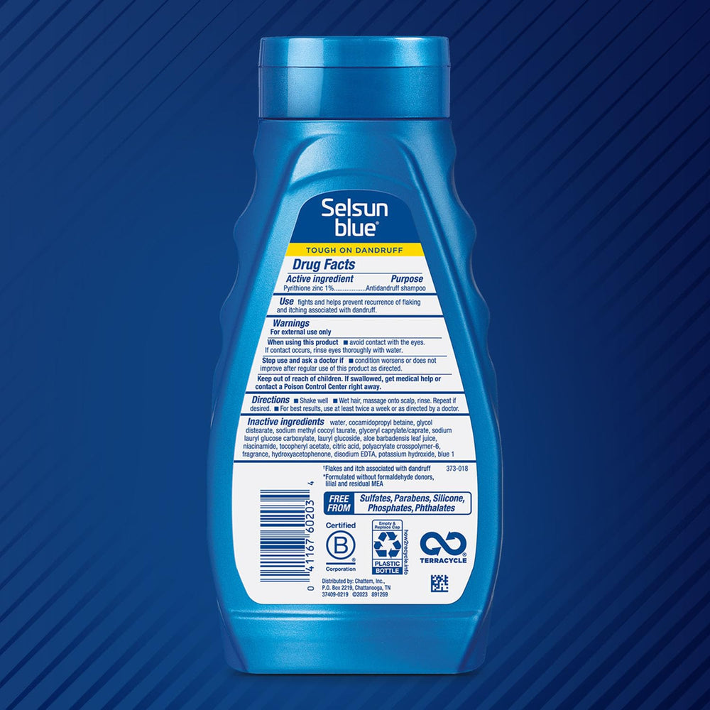 Selsun Blue label with pyrithione zinc 1% highlights powerful dandruff control