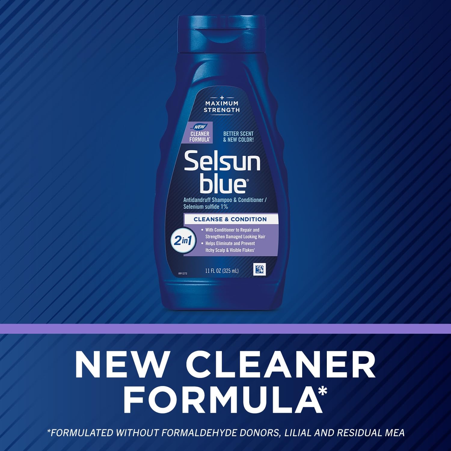 Selsun Blue bottle close-up with no SLS claim on packaging.