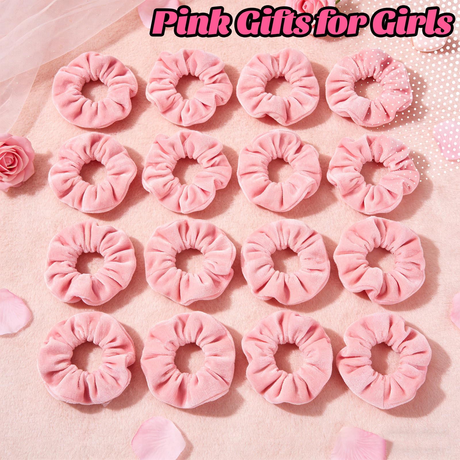 Semato velvet pink scrunchies used as bachelorette party favors with coordinated color
