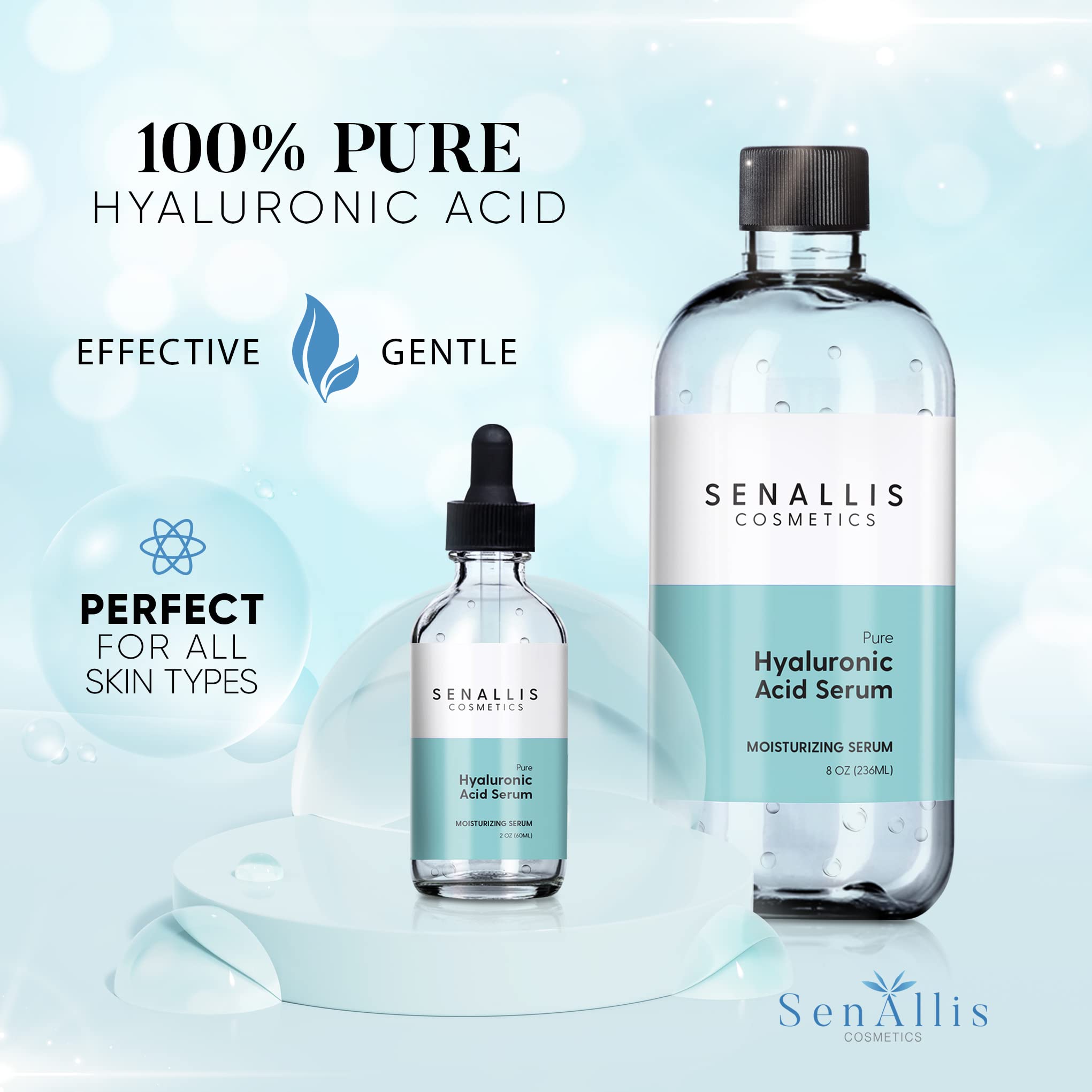 SenAllis Cosmetics sérum ácido hialurónico 2 oz, botellín ligero para uso diario.