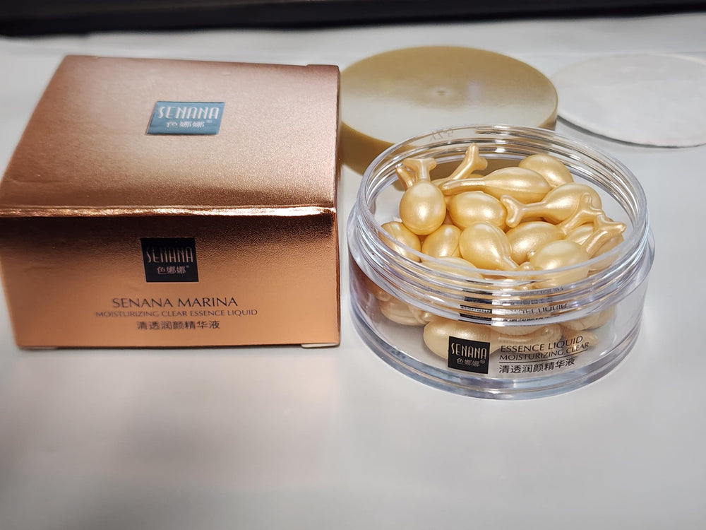 Senana Marina packaging sleeve suggests a premium nighttime skincare ritual.
