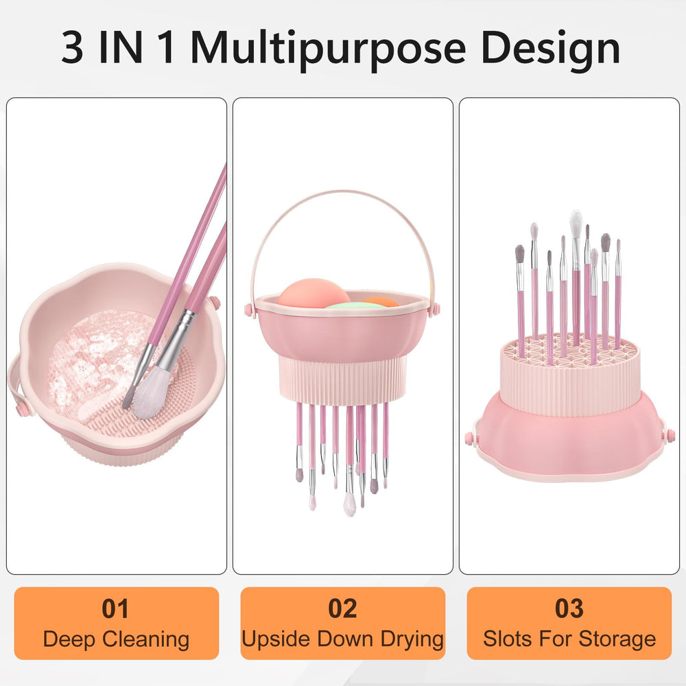 Senbowe silicone makeup brush cleaner bowl shows 3 in 1 drying and storage capability.