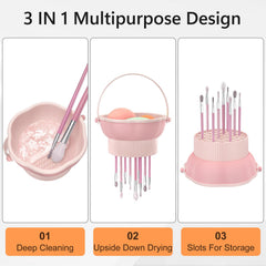 Senbowe silicone makeup brush cleaner bowl shows 3 in 1 drying and storage capability.