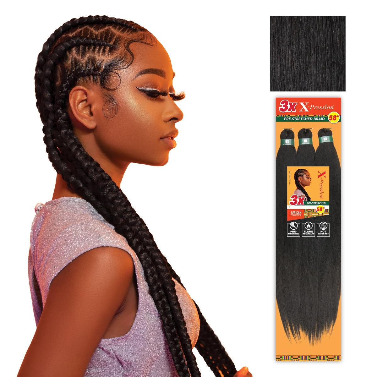 Sensationnel X-pression pre-stretched braiding hair 58in in 1B OffBlack for easy box braids.
