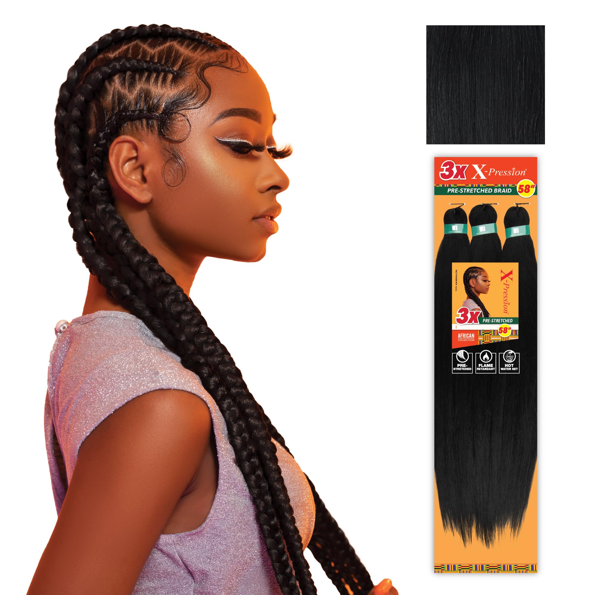 Sensationnel X-pression 58-inch jet black pre-stretched braiding hair for box braids with smooth texture.