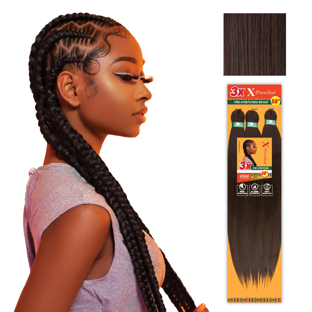 Sensationnel X-pression pre-stretched braiding hair in 58 inches for long-lasting box braids
