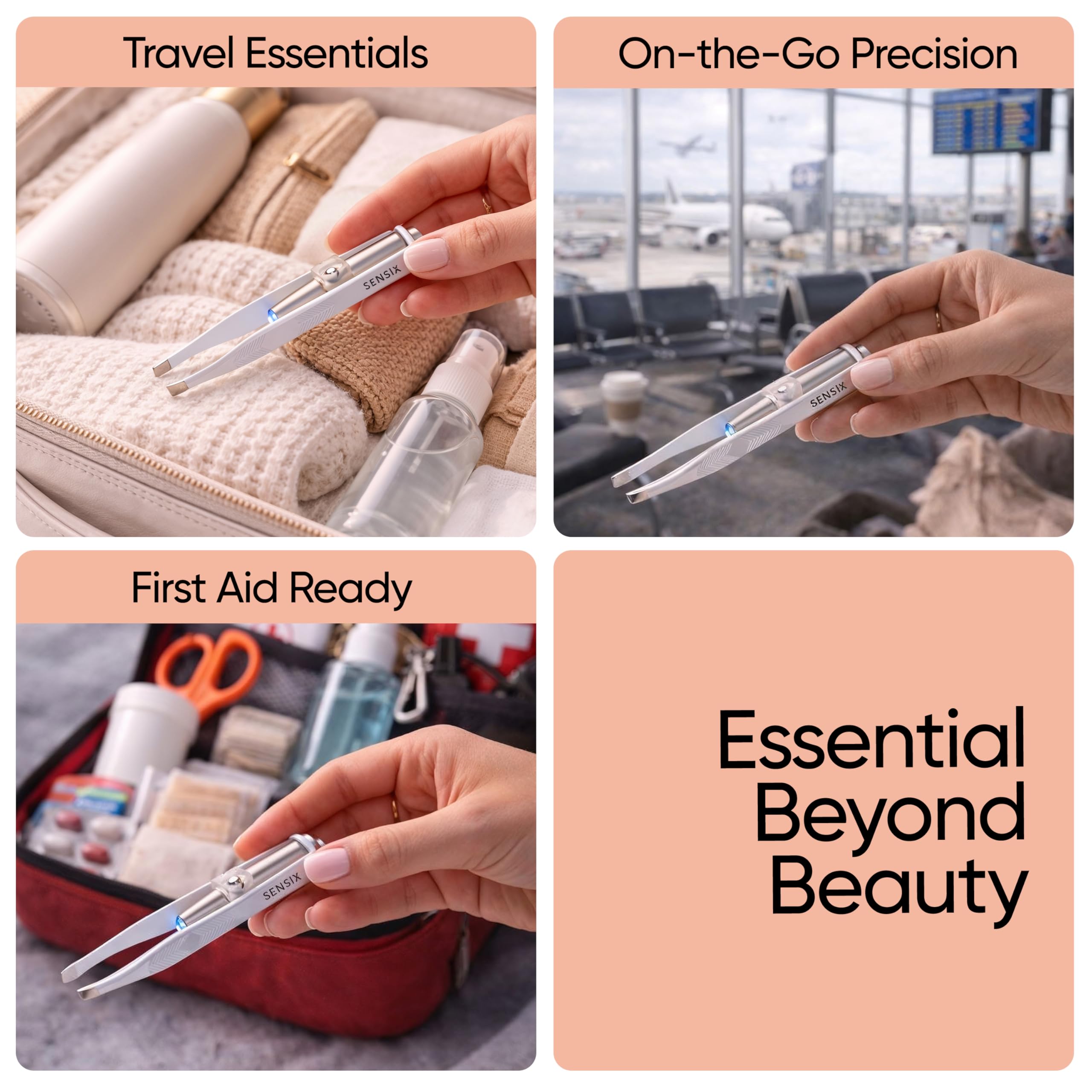 LED illumination on Sensica tweezers helps reveal fine hairs on skin.