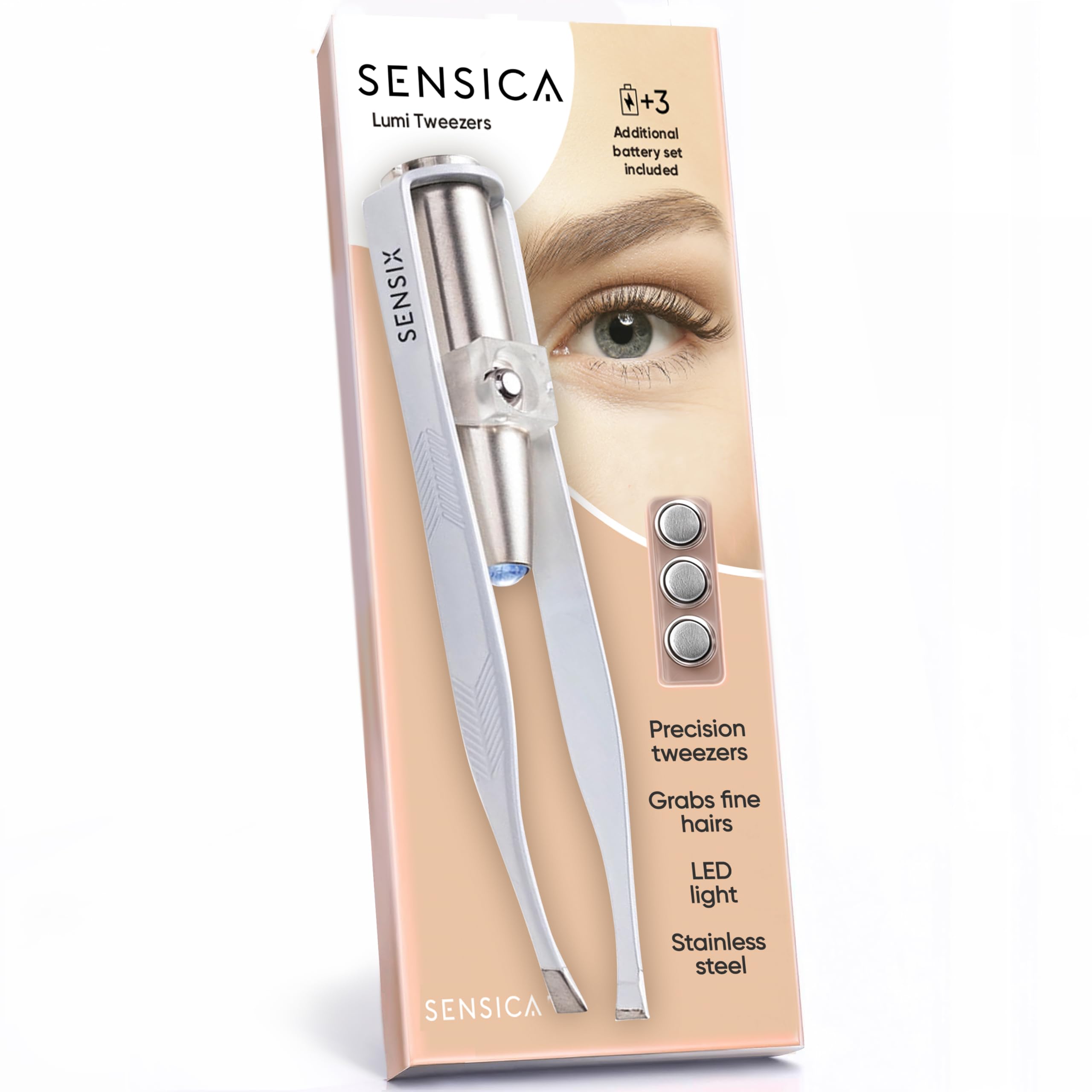 Sensica Eyebrow Tweezers with Light provide clear LED visibility for precise shaping.