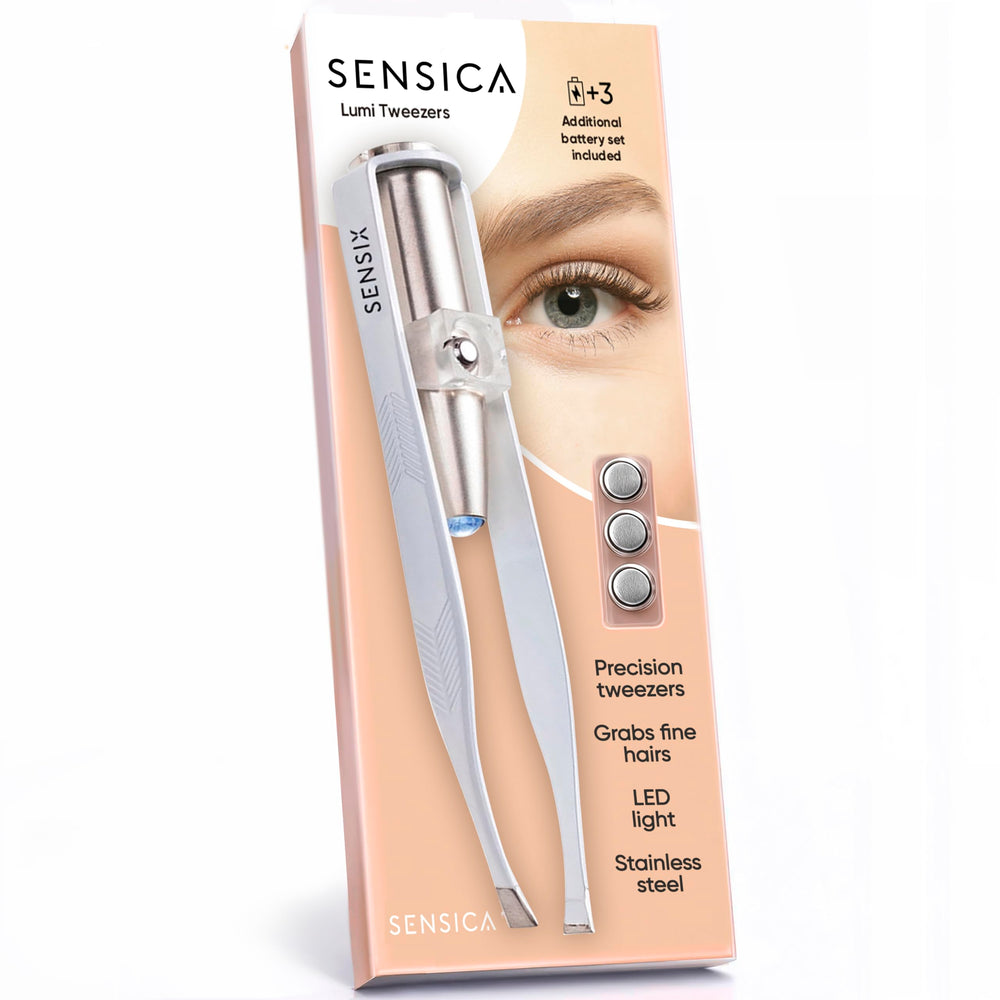 Sensica Eyebrow Tweezers with Light provide clear LED visibility for precise shaping.