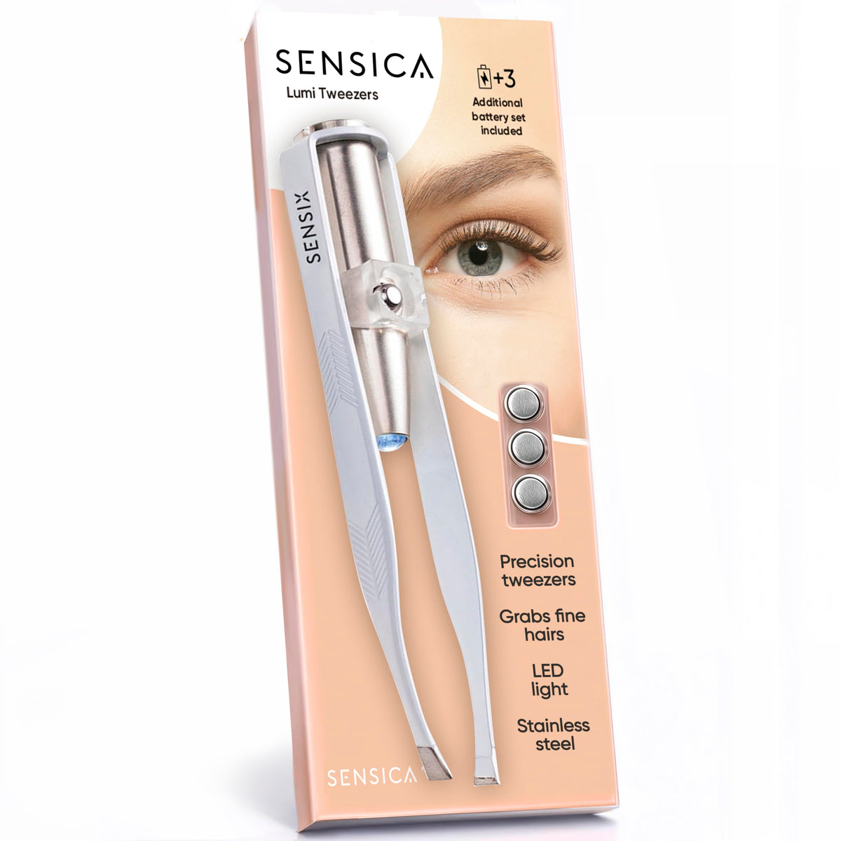 Sensica Eyebrow Tweezers with Light provide clear LED visibility for precise shaping.