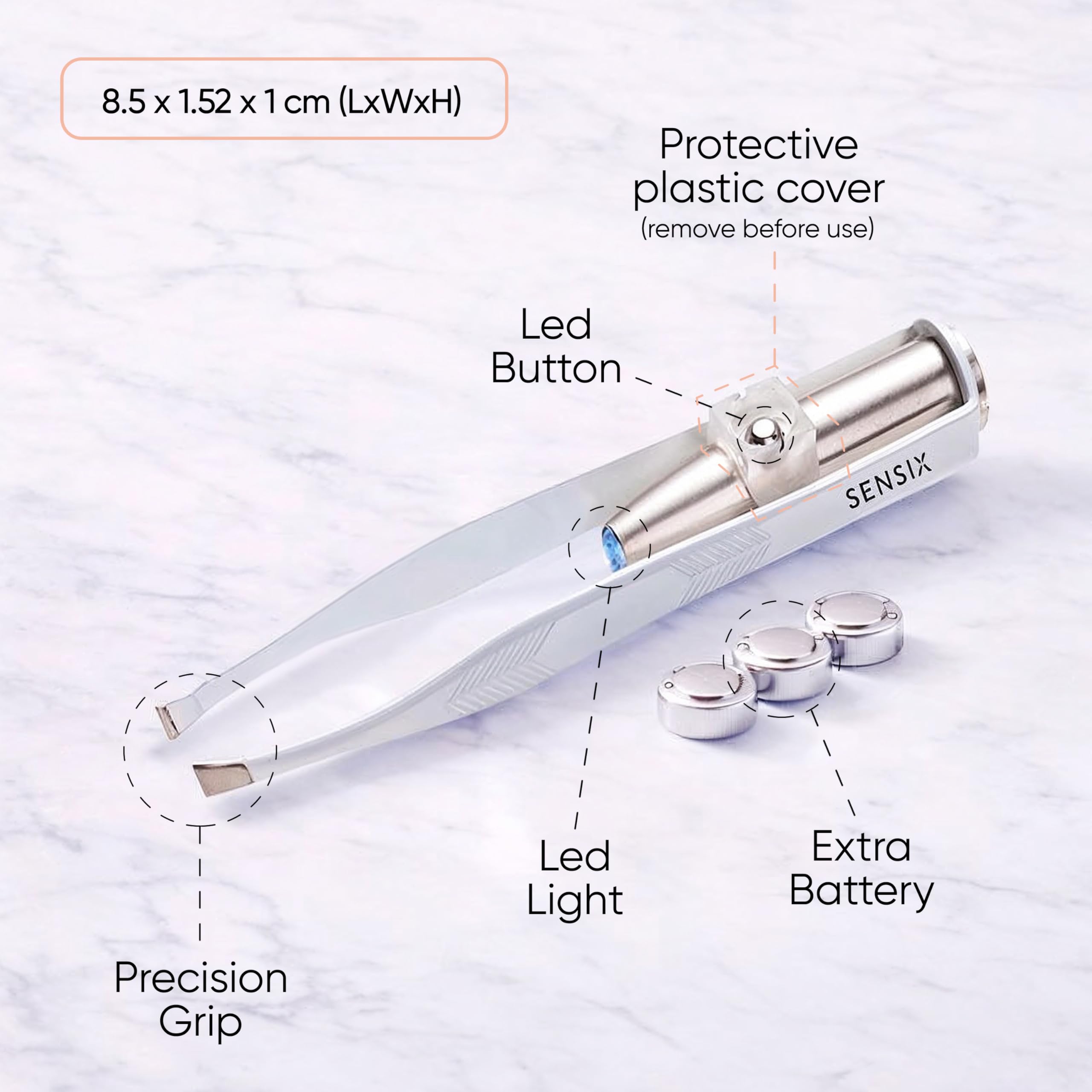 Sensica lighted tweezers with slant tip for accurate hair removal.