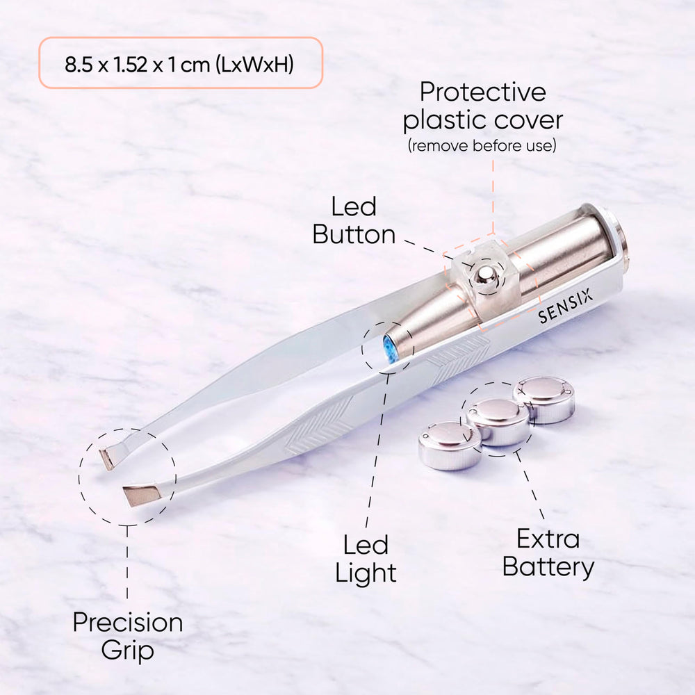 Sensica lighted tweezers with slant tip for accurate hair removal.