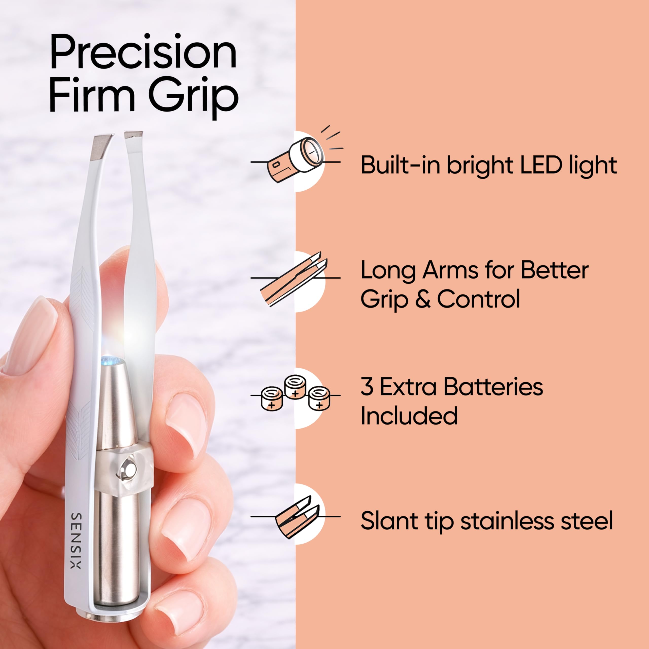 Sensica tweezers long-arm design enhances grip and control during plucking.