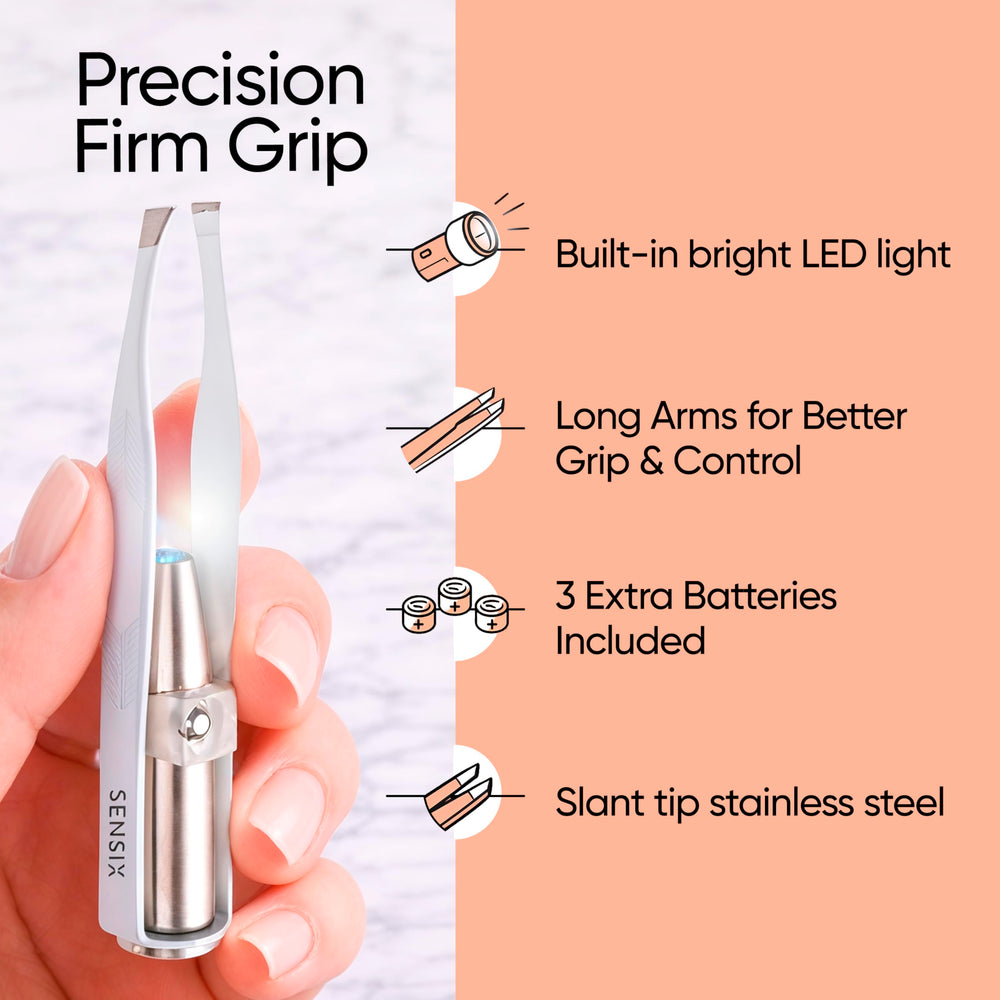 Sensica tweezers long-arm design enhances grip and control during plucking.