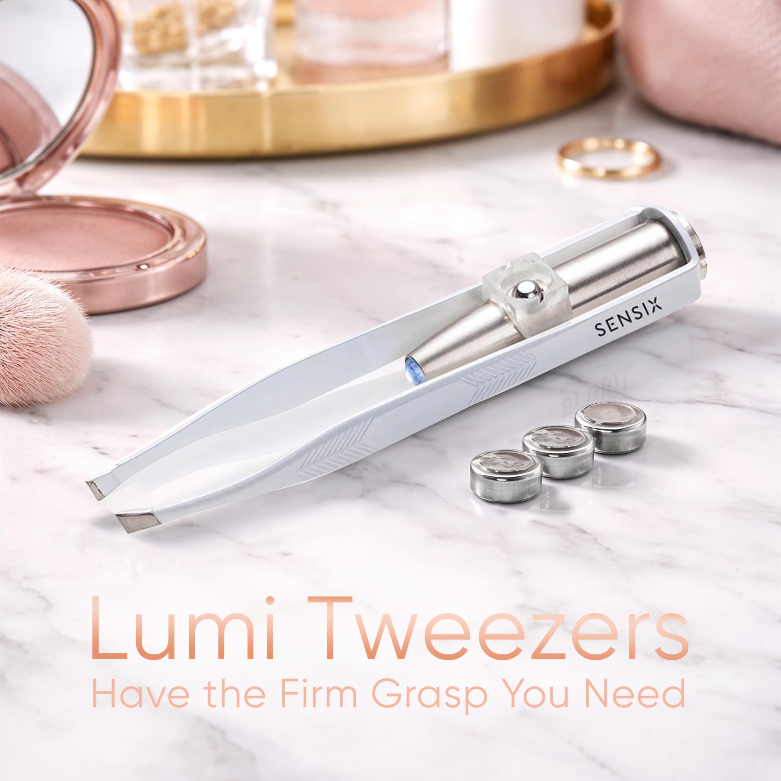 White finish Sensica tweezers blend with any grooming kit.
