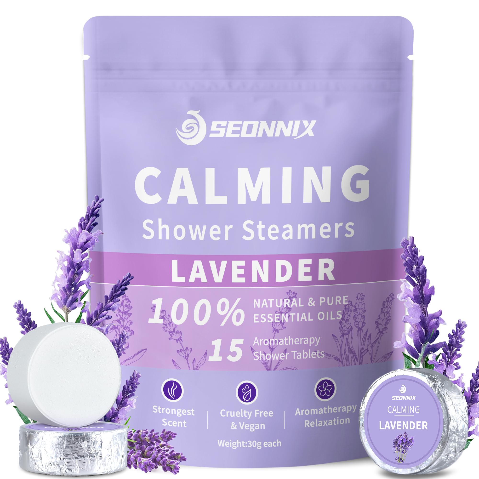 SEONNIX lavender shower steamer close-up releasing calming aroma