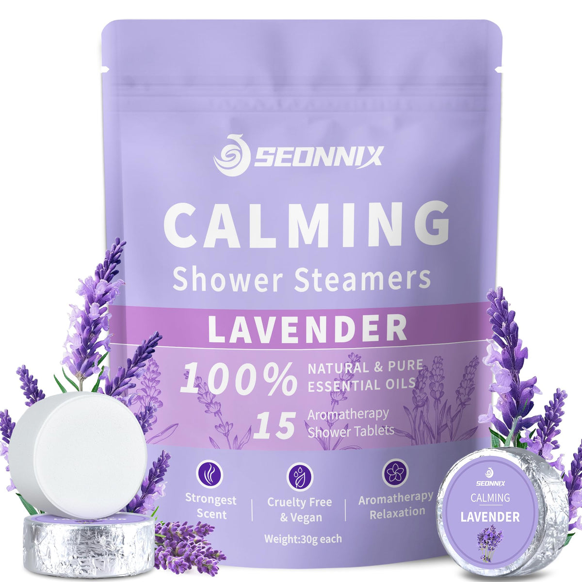 SEONNIX lavender shower steamer close-up releasing calming aroma