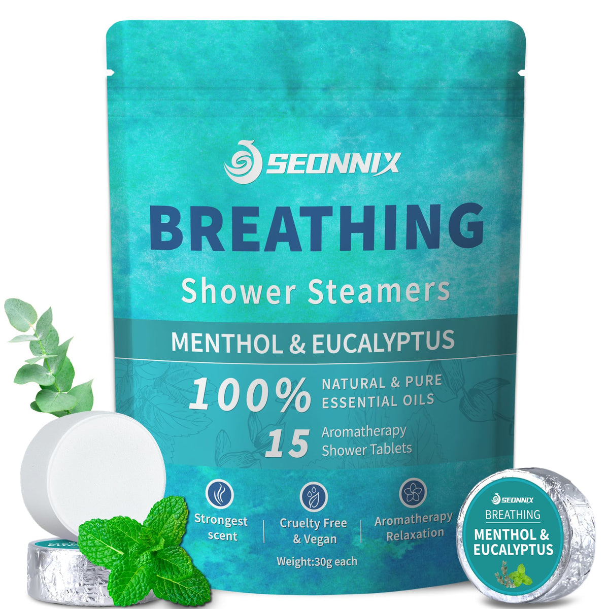 SEONNIX Shower Steamers Menthol Eucalyptus pack for refreshing aromatherapy in the shower.
