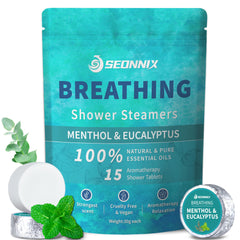 SEONNIX Shower Steamers Menthol Eucalyptus pack for refreshing aromatherapy in the shower.