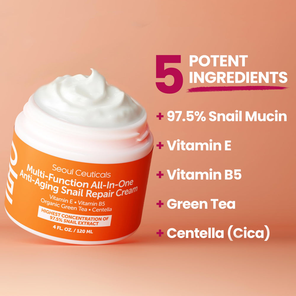 SeoulCeuticals snail mucin cream applied on the face suggests quick absorption.