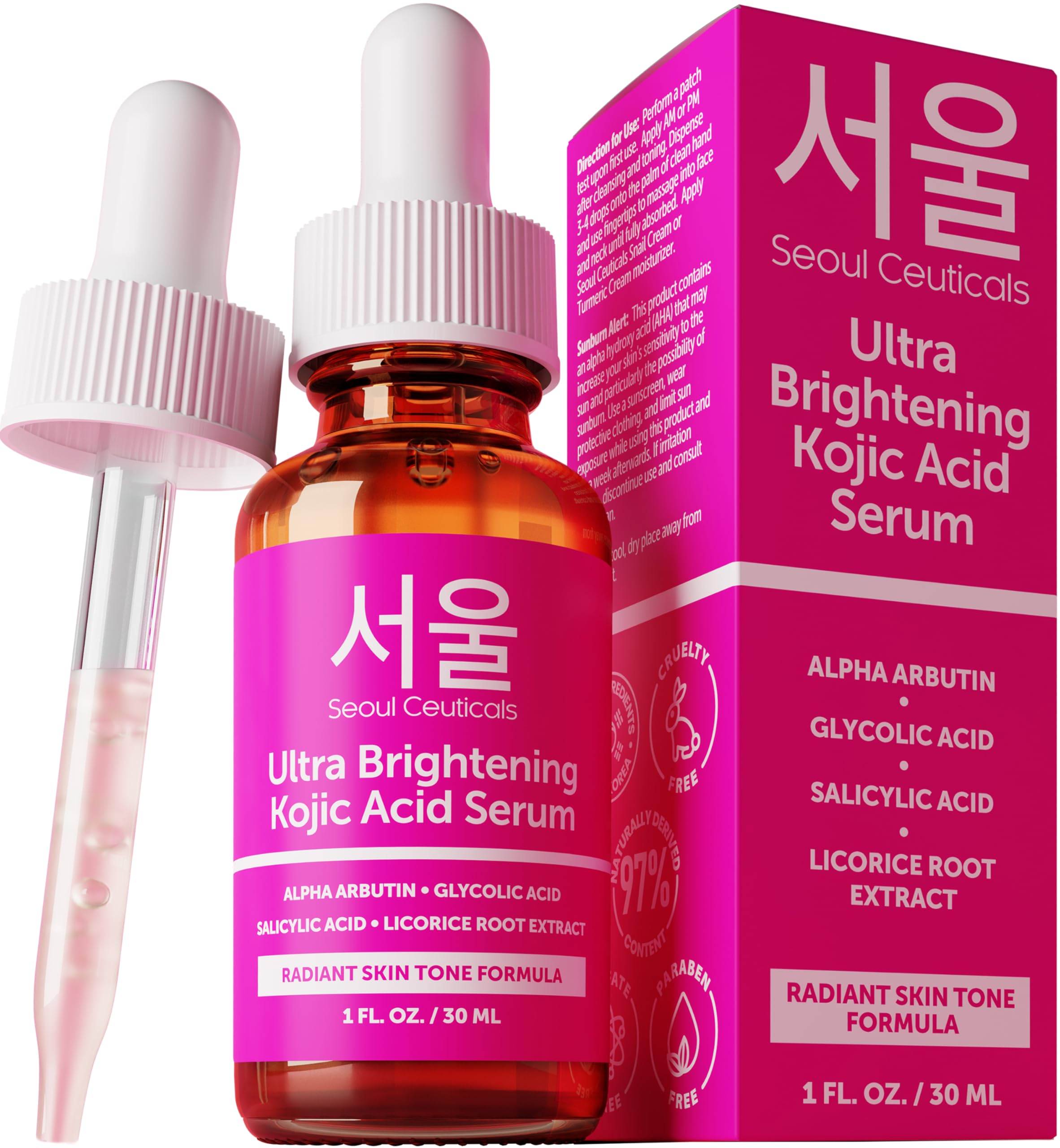 Serum Kojic Alfa-Arbutina de SeoulCeuticals en botella, posible tono uniforme.