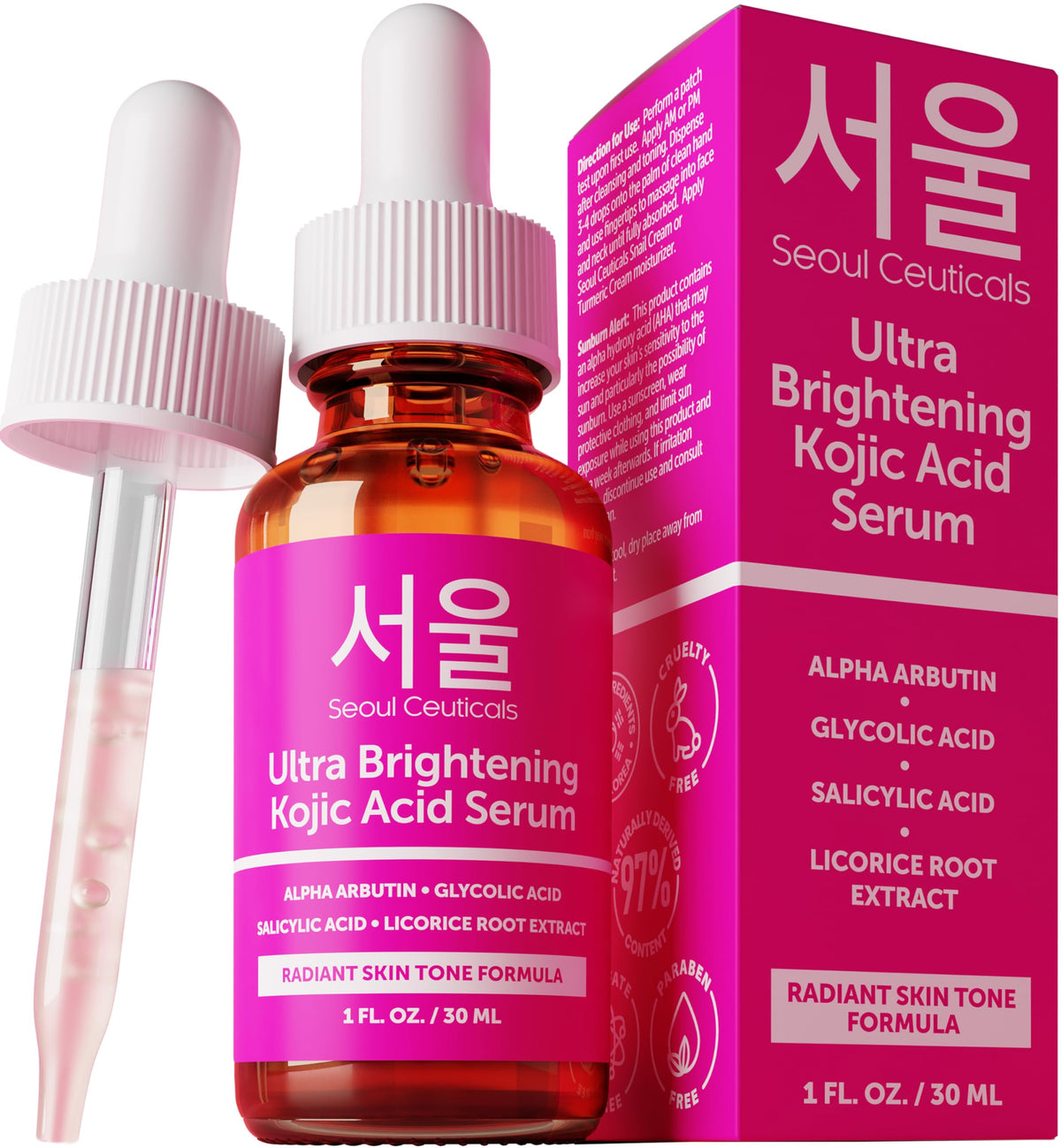 Serum Kojic Alfa-Arbutina de SeoulCeuticals en botella, posible tono uniforme.