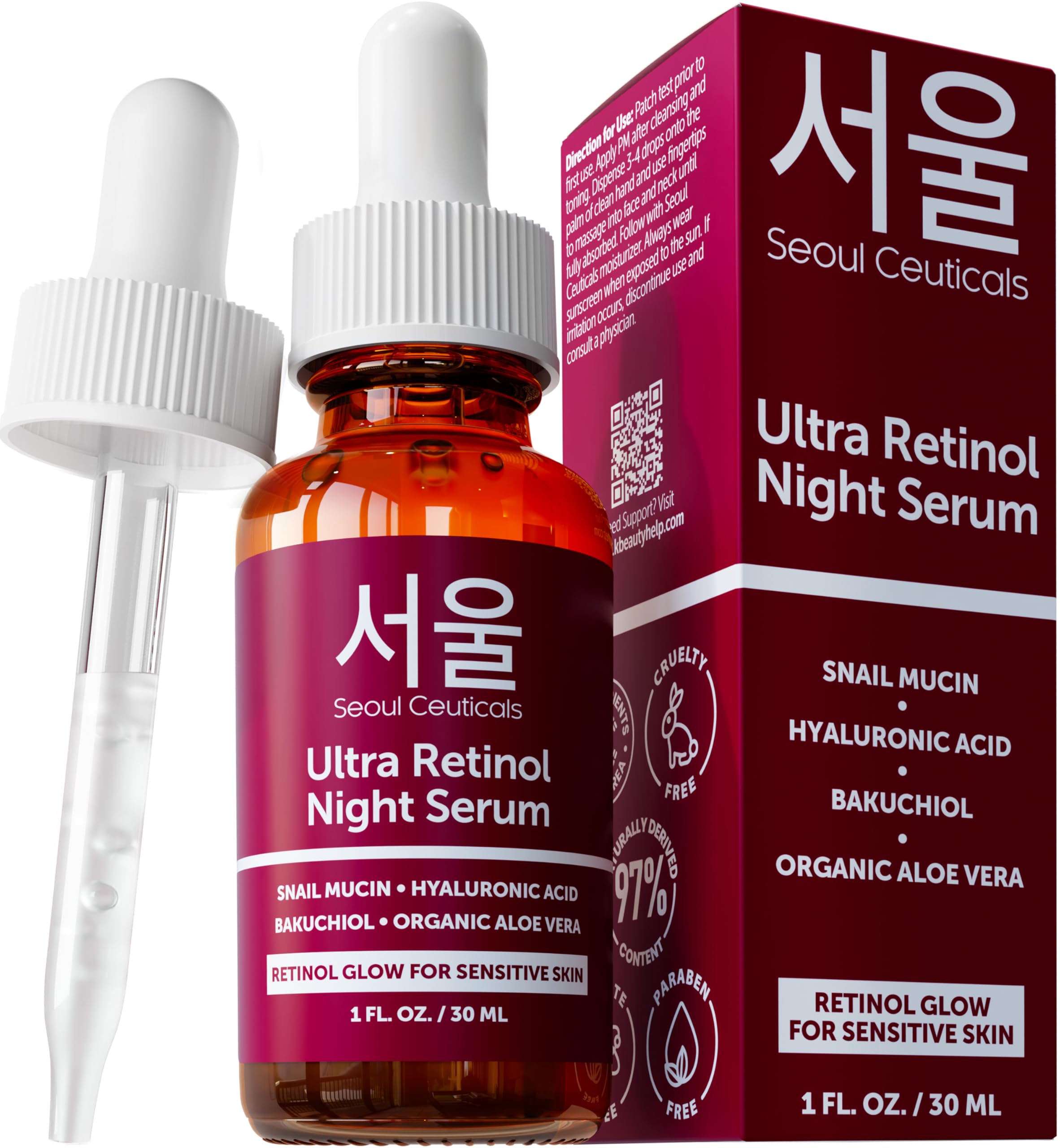 SeoulCeuticals Sérum nocturno al 1% Retinol en botella para cuidado nocturno.