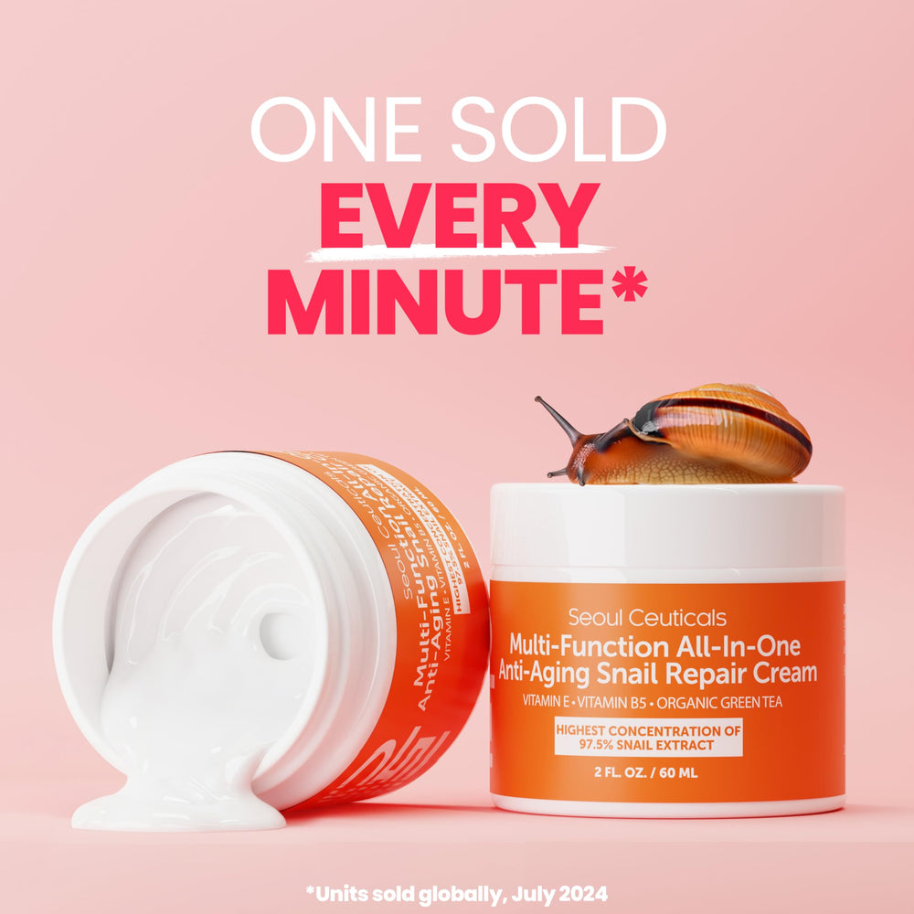 SeoulCeuticals snail mucin moisturizer 97.5% cruelty-free logo reinforces ethical choice.