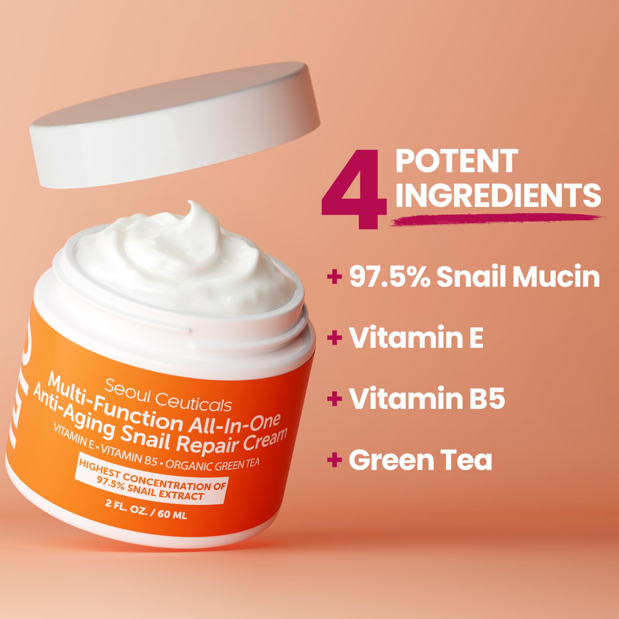 SeoulCeuticals snail mucin moisturizer 97.5% organic ingredients panel communicates natural care.