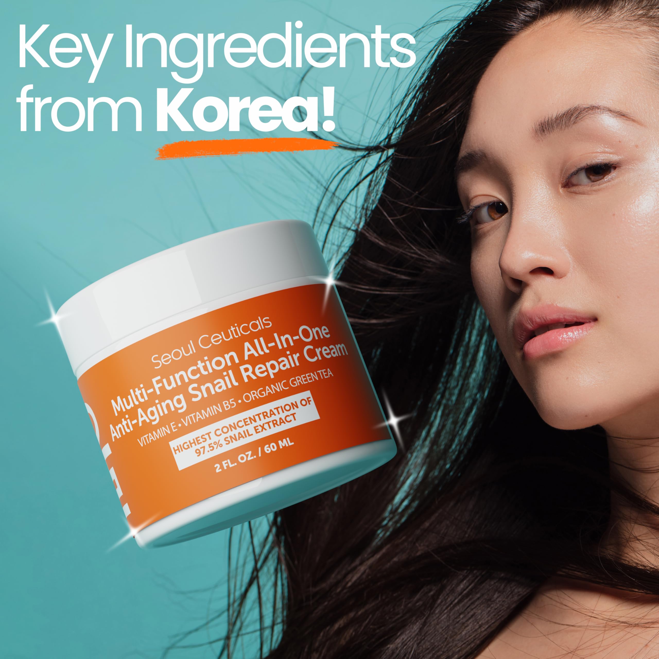 SeoulCeuticals snail mucin moisturizer 97.5% application scene demonstrates day and night use.