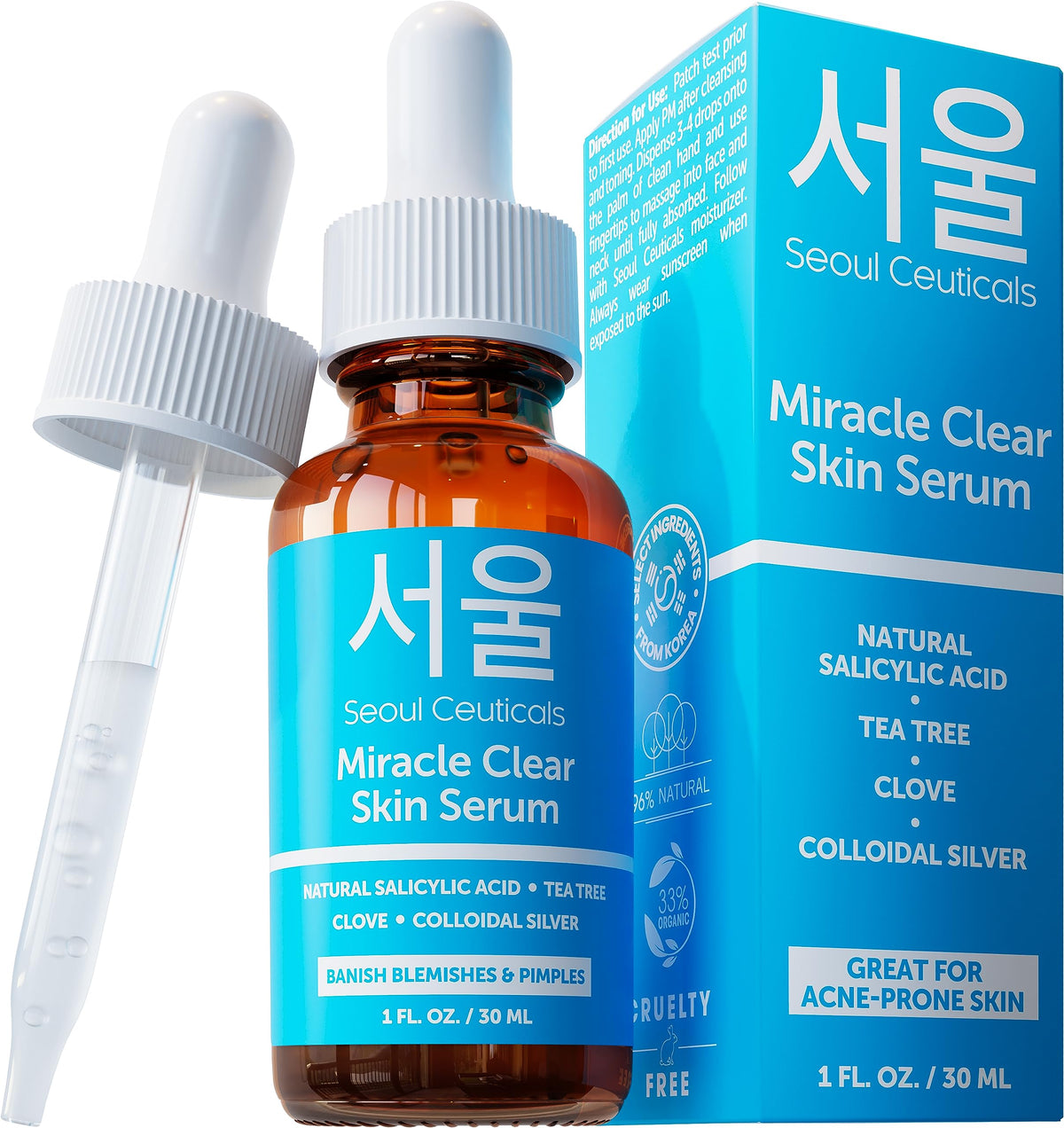 SeoulCeuticals tratamiento acné – botella frontal, diseño limpio para uso diario en la piel.