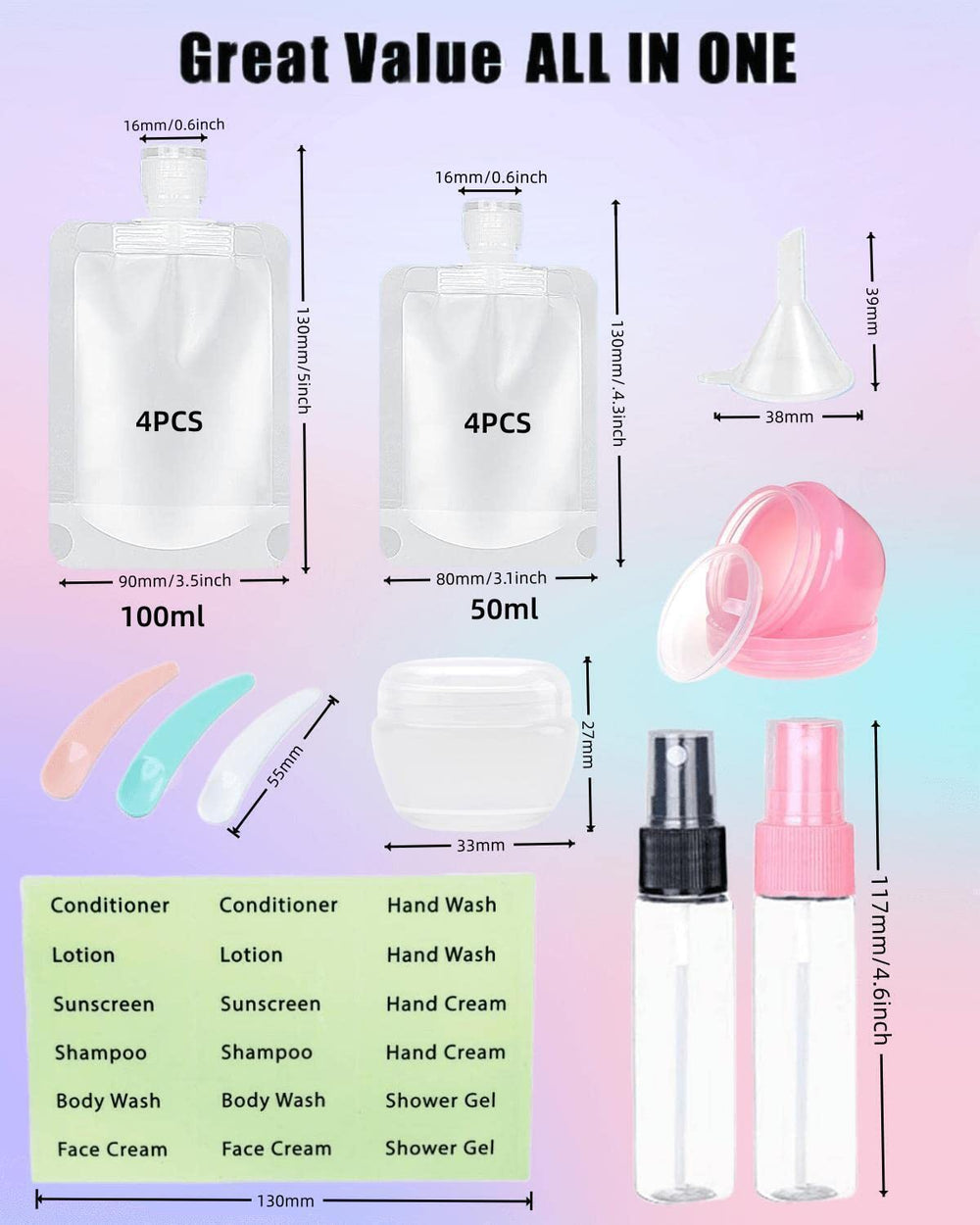 SEQUHITKU 17-pack wide opening travel pouches for easy refills