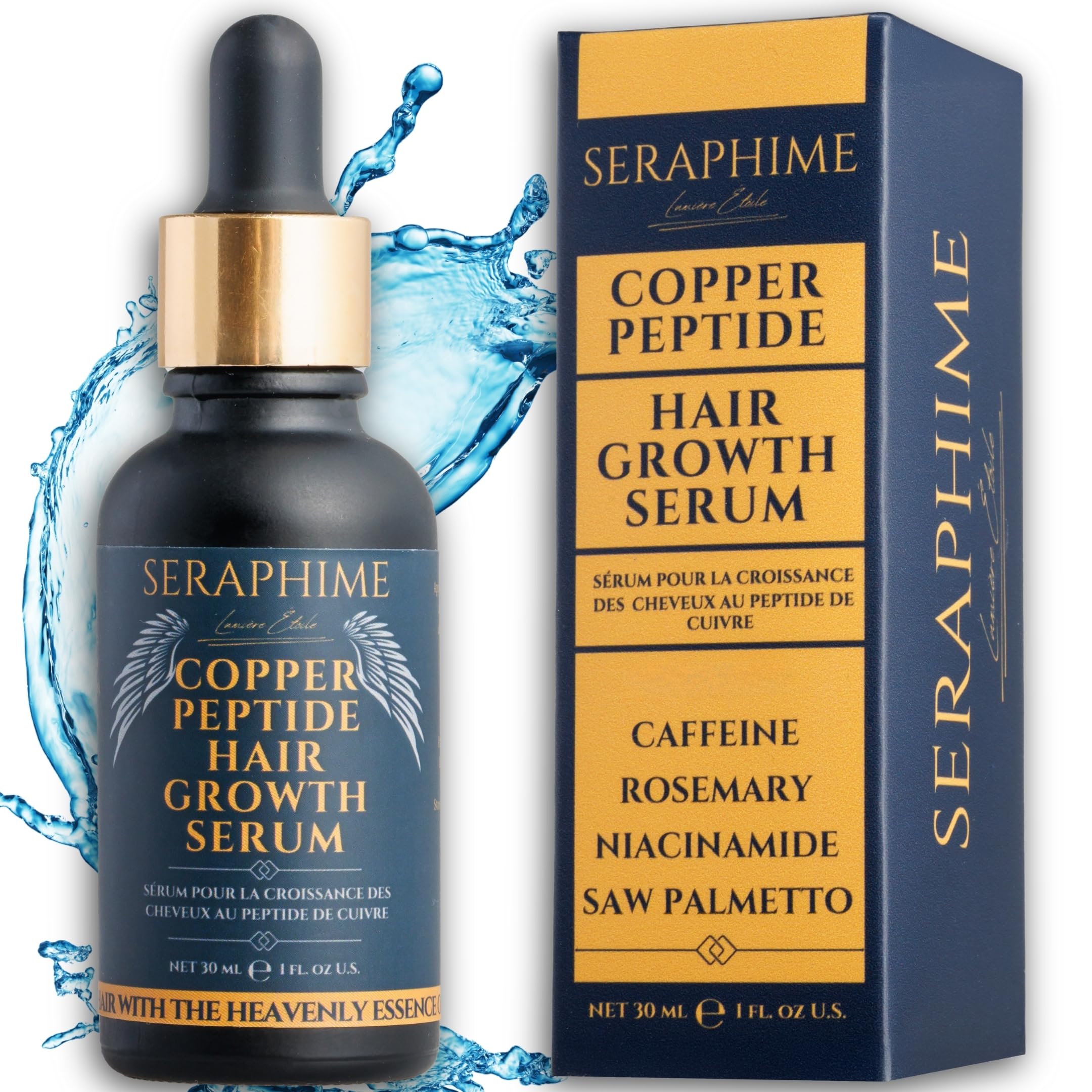 Seraphime copper peptide serum bottle promoting thicker, fuller hair with multi-peptide actives.