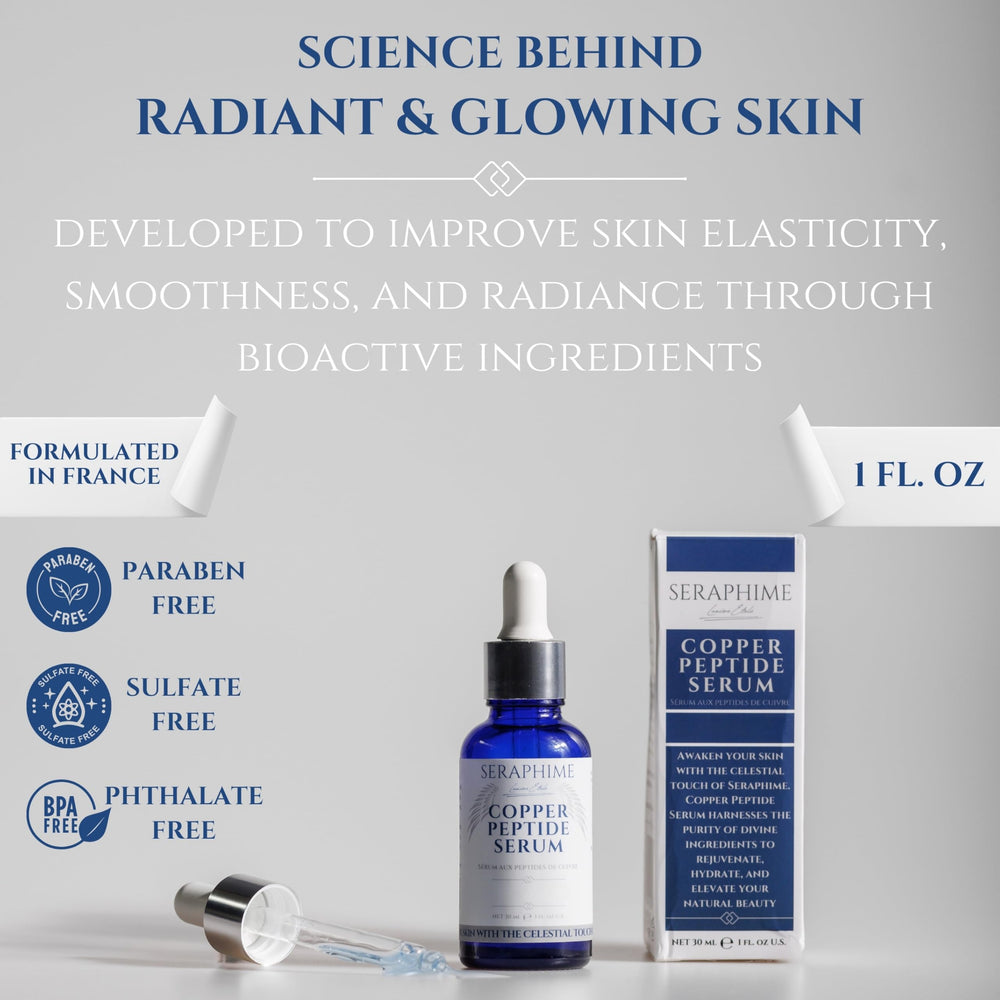Seraphime Copper Peptides Serum on a bathroom shelf for daily use