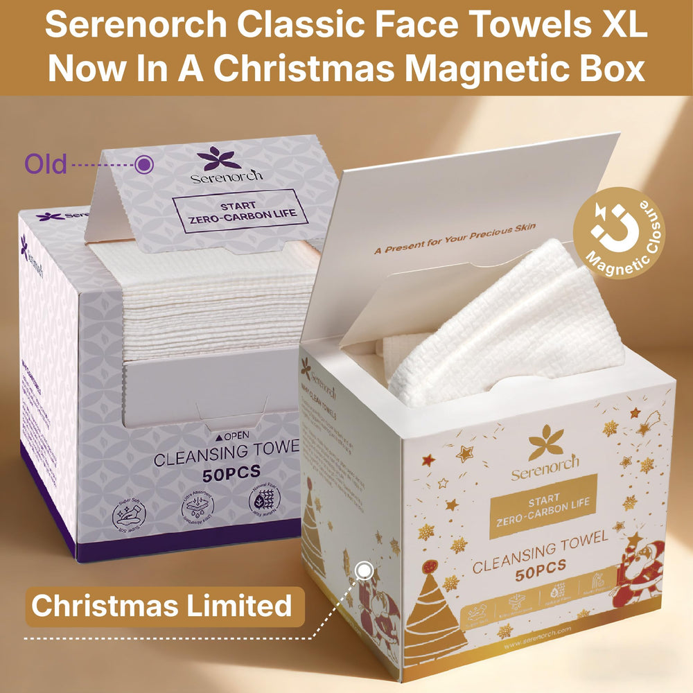 Ultra-soft Serenorch towels measure 10x12 inches for full-face coverage and gentle touch.