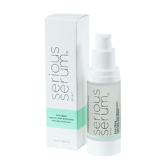 Serious Serum bottle showing exfoliating formula for smoother skin