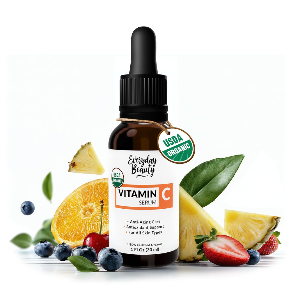 Sérum Vitamina C Orgánico para la cara, botella de vidrio que ilumina la piel.