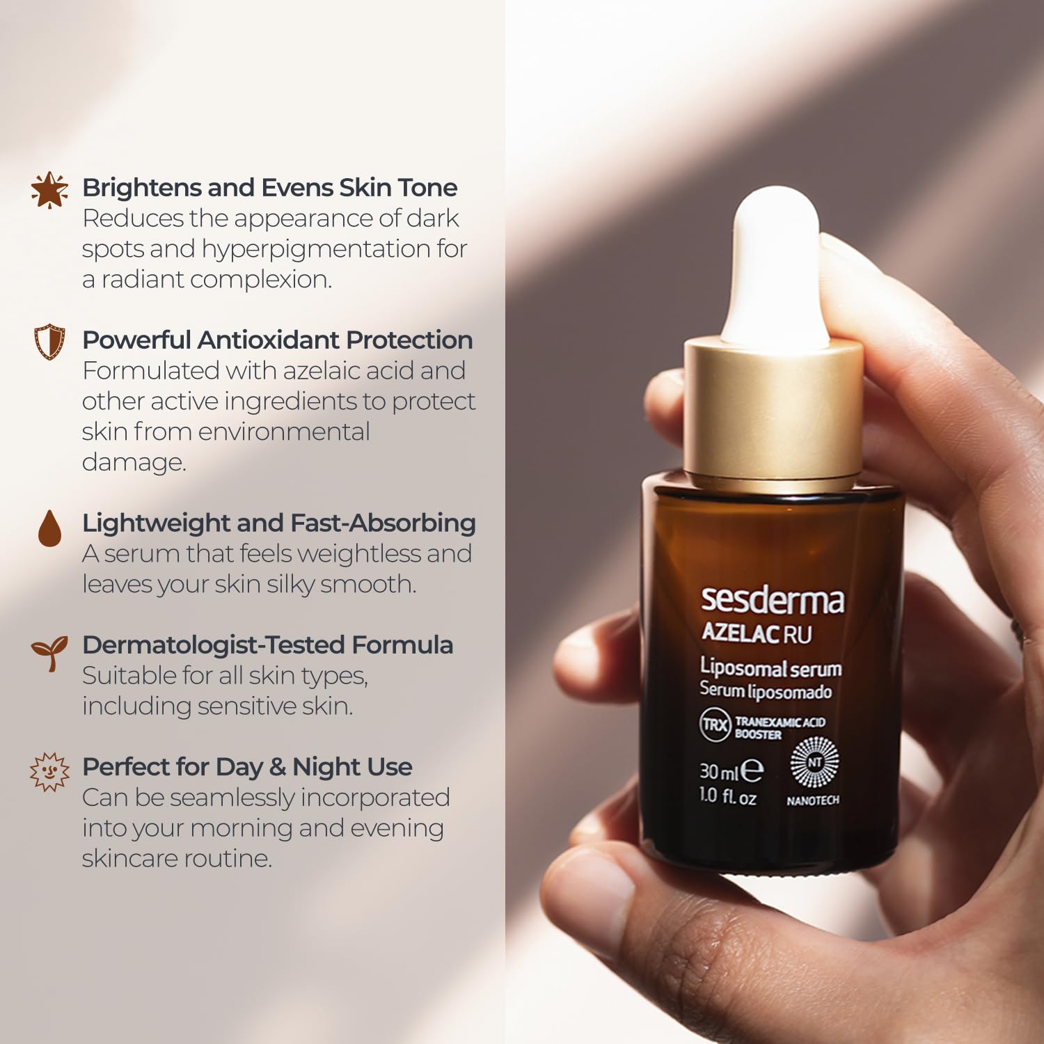 Close-up texture of Sesderma AZELAC RU liposomal serum on skin