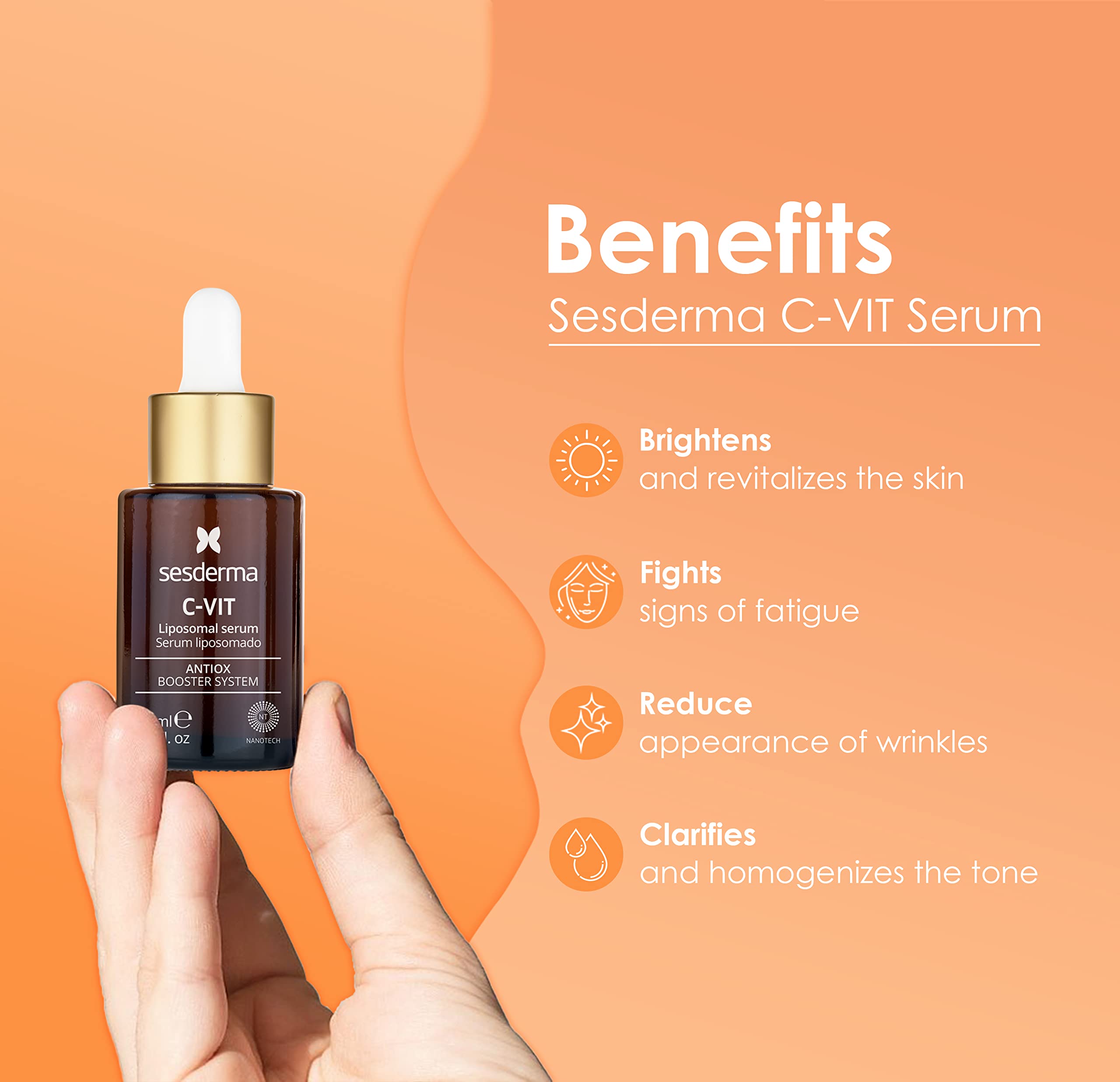 Premium packaging for Sesderma C-VIT Radiance Serum; premium vitamin C treatment at home.