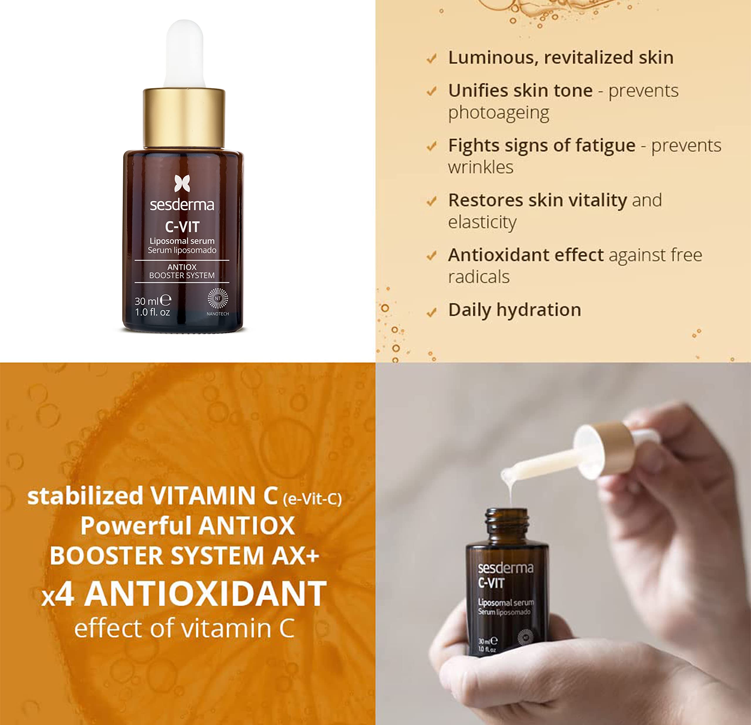 Sesderma C-VIT Radiance Serum texture close-up; antioxidants shield skin from environmental stress.