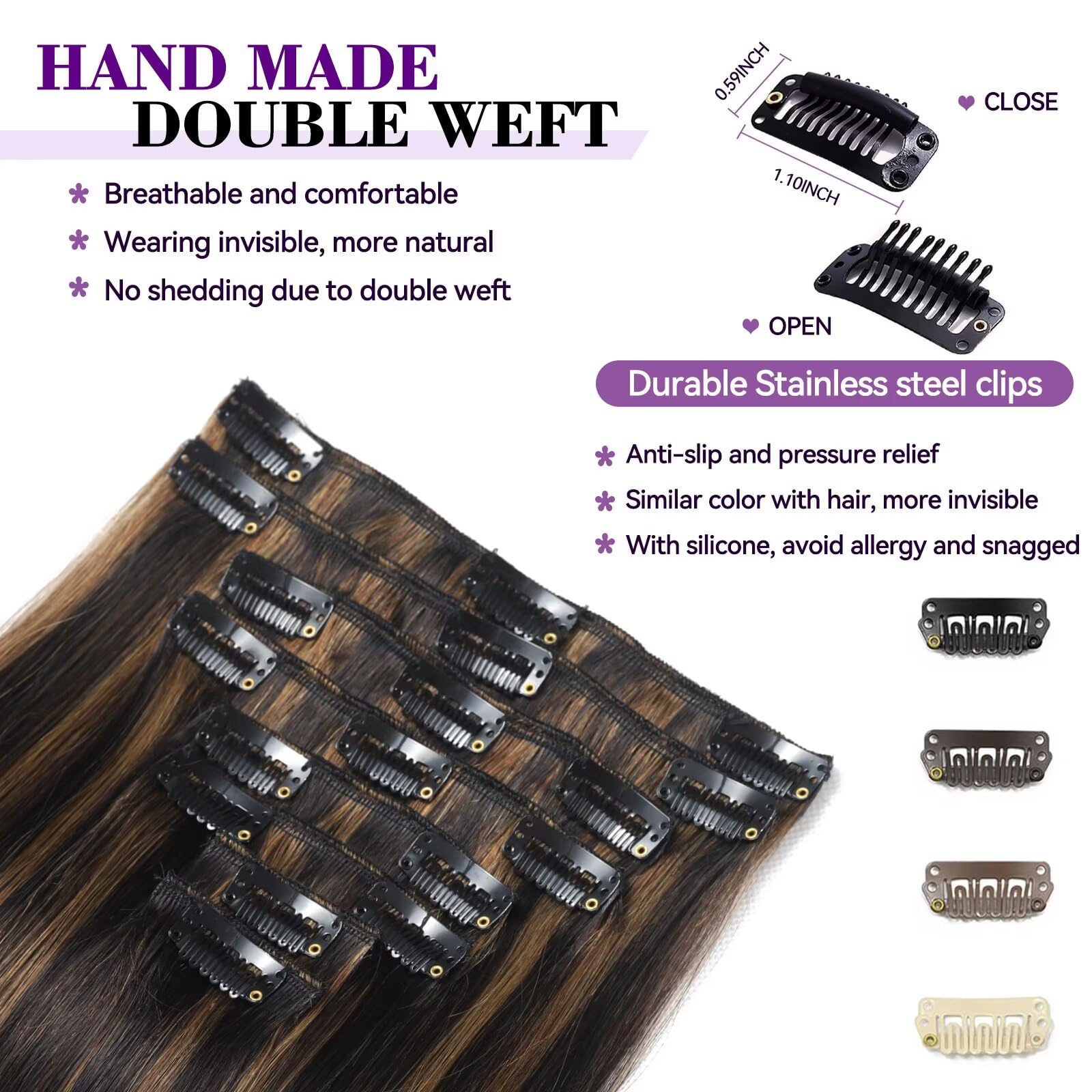 Setible heat-styled clip-ins up to 250°F for versatility.
