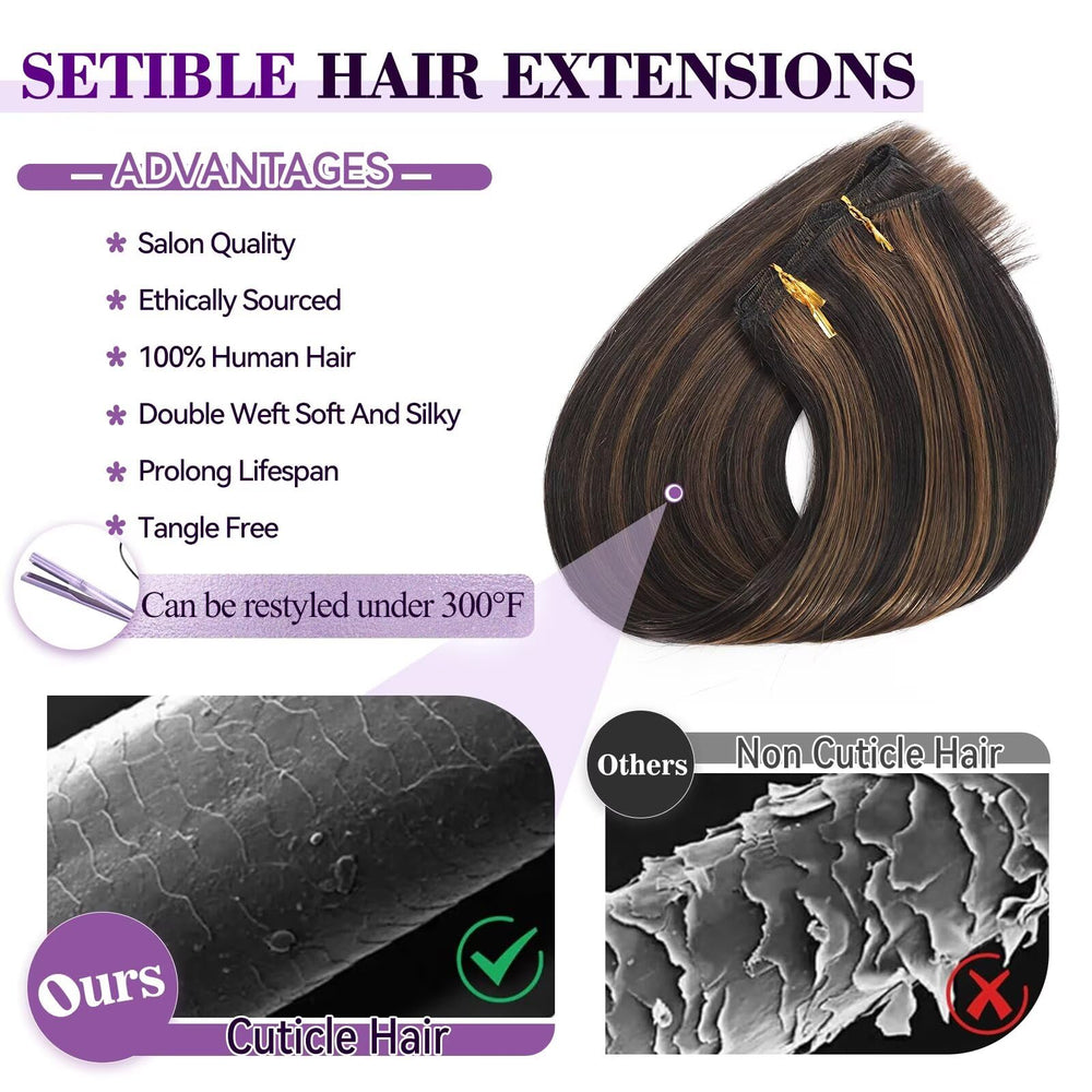 Setible Remy hair clip-ins offer soft texture and tangle-free length.