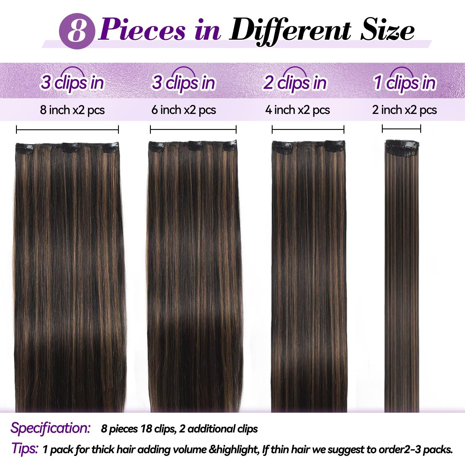 Setible seamless clip-ins with invisible wefts for a discreet natural look.
