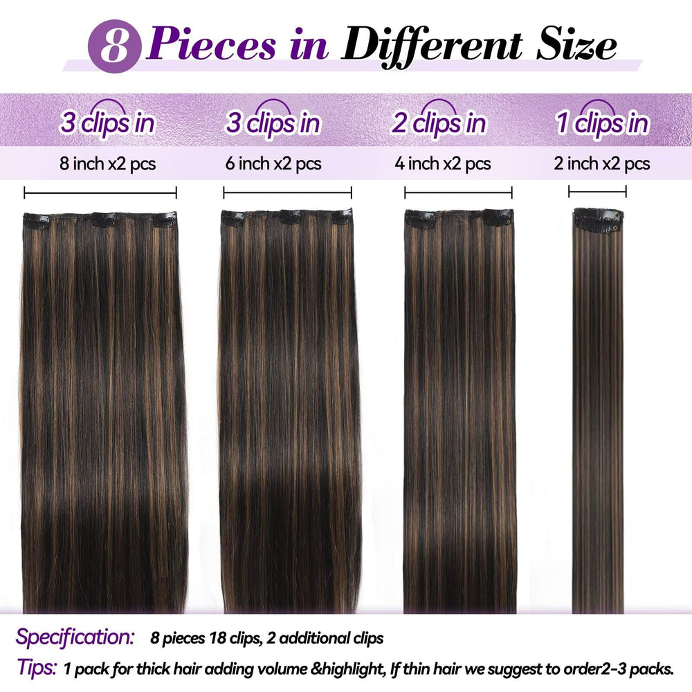 Setible seamless clip-ins with invisible wefts for a discreet natural look.
